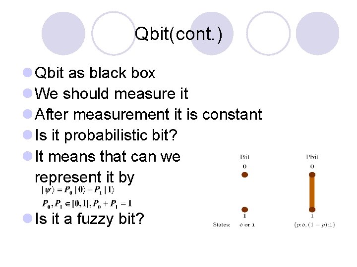 Qbit(cont. ) l Qbit as black box l We should measure it l After