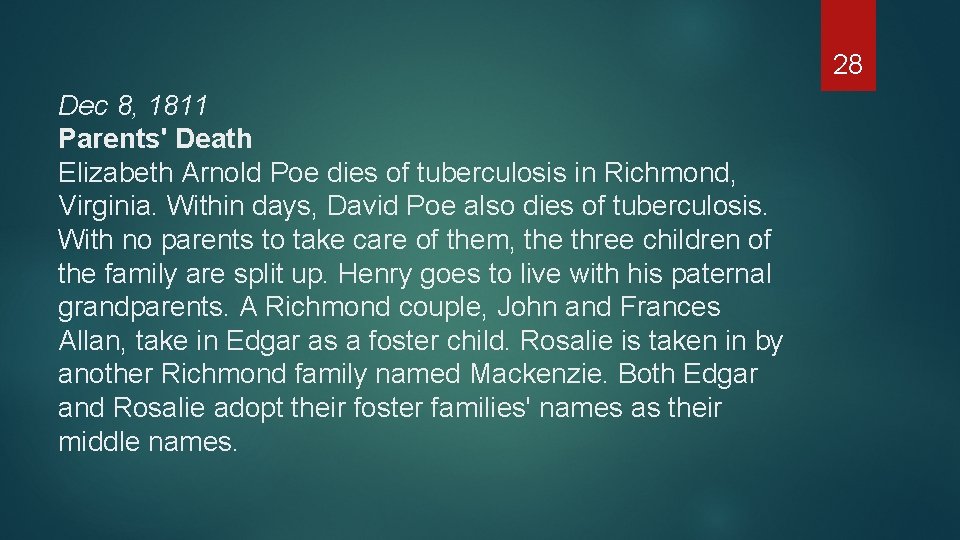 28 Dec 8, 1811 Parents' Death Elizabeth Arnold Poe dies of tuberculosis in Richmond,