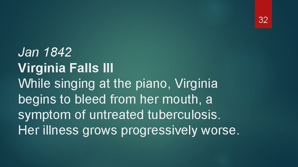 32 Jan 1842 Virginia Falls Ill While singing at the piano, Virginia begins to