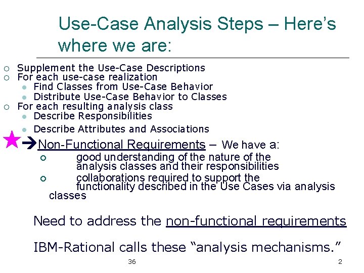 Use-Case Analysis Steps – Here’s where we are: ¡ ¡ ¡ Supplement the Use-Case