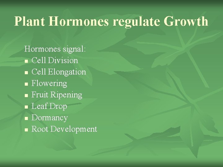 Plant Hormones regulate Growth Hormones signal: n Cell Division n Cell Elongation n Flowering