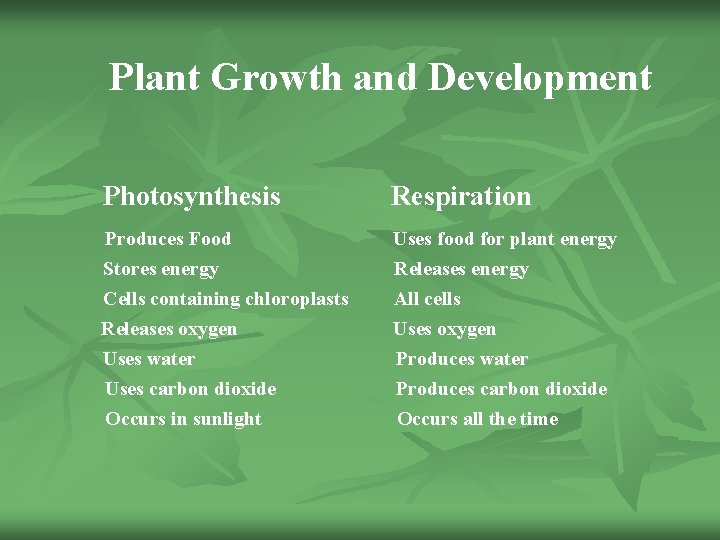 Plant Growth and Development Photosynthesis Respiration Produces Food Stores energy Uses food for plant