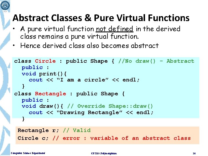 Abstract Classes & Pure Virtual Functions • A pure virtual function not defined in Abstract Classes & Pure Virtual Functions • A pure virtual function not defined in