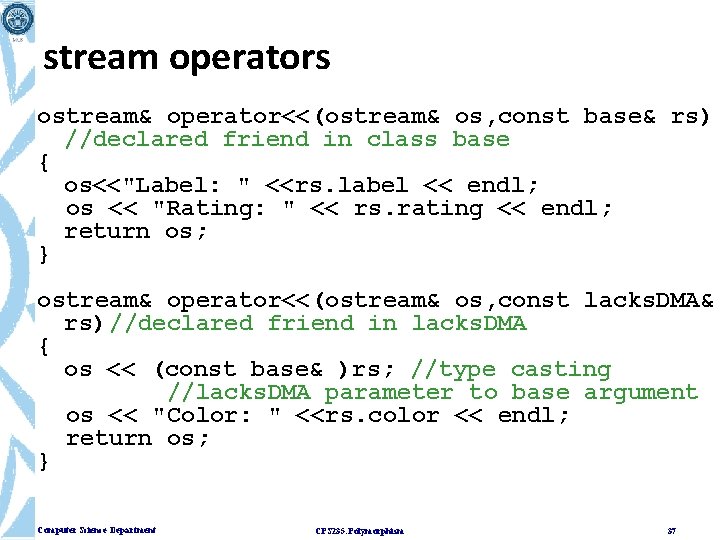 stream operators ostream& operator<<(ostream& os, const base& rs) //declared friend in class base {