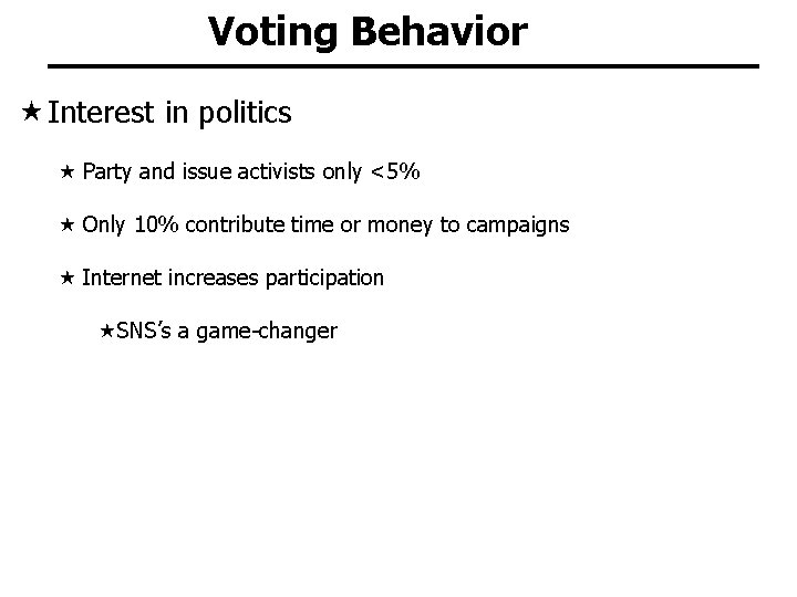 Voting Behavior Interest in politics Party and issue activists only <5% Only 10% contribute
