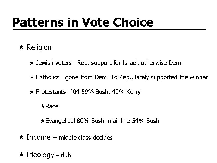 Patterns in Vote Choice Religion Jewish voters Rep. support for Israel, otherwise Dem. Catholics