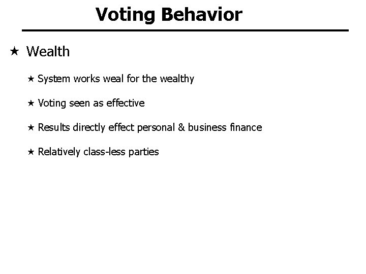 Voting Behavior Wealth System works weal for the wealthy Voting seen as effective Results