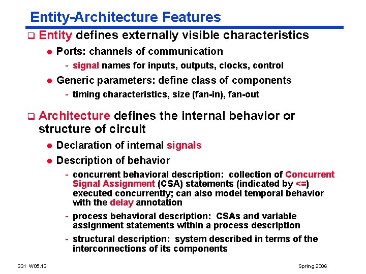 Entity-Architecture Features q Entity defines externally visible characteristics l Ports: channels of communication -