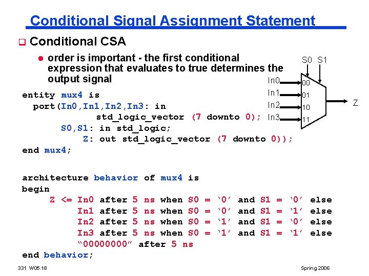 Conditional Signal Assignment Statement q Conditional CSA l order is important - the first