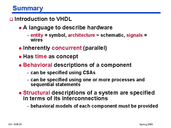 Summary q Introduction to VHDL l A language to describe hardware - entity =