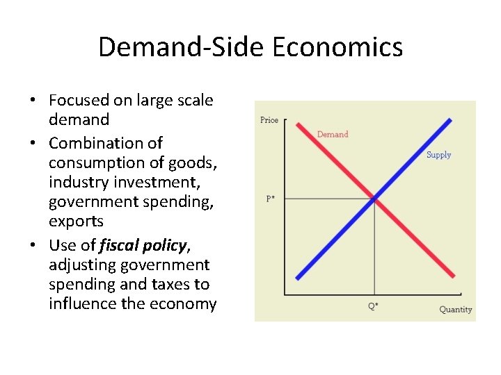 Demand-Side Economics • Focused on large scale demand • Combination of consumption of goods,