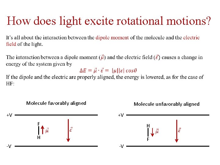How does light excite rotational motions? Molecule favorably aligned +V Molecule unfavorably aligned +V