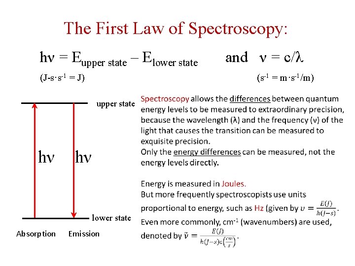The First Law of Spectroscopy: hν = Eupper state – Elower state (J-s·s-1 =
