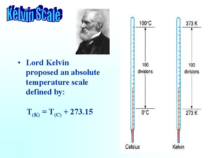  • Lord Kelvin proposed an absolute temperature scale defined by: T(K) = T(C)