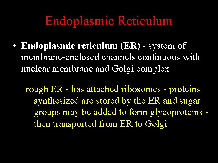 Endoplasmic Reticulum • Endoplasmic reticulum (ER) - system of membrane-enclosed channels continuous with nuclear