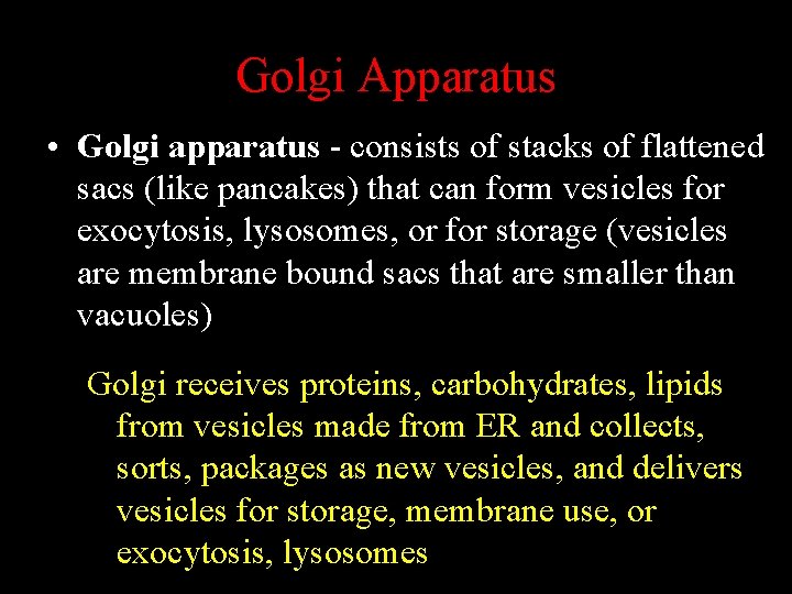 Golgi Apparatus • Golgi apparatus - consists of stacks of flattened sacs (like pancakes)