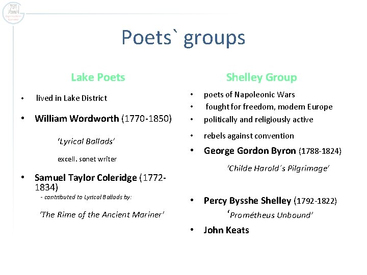 Poets` groups • Lake Poets lived in Lake District • William Wordworth (1770 -1850)
