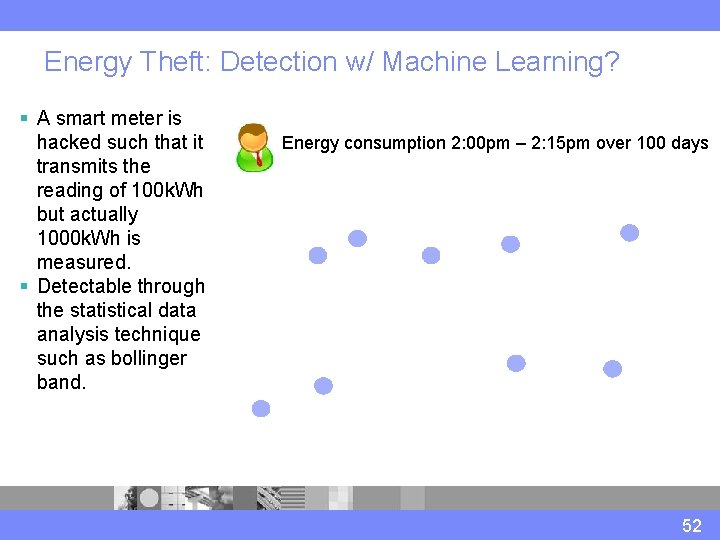 Energy Theft: Detection w/ Machine Learning? § A smart meter is hacked such that