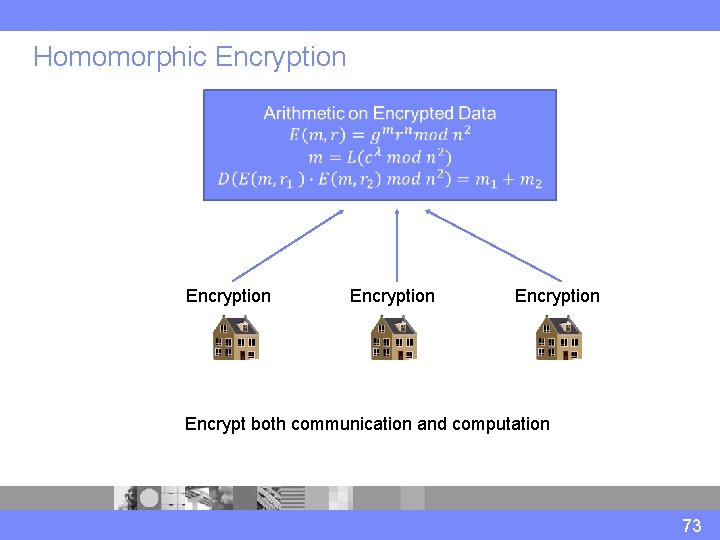 Homomorphic Encryption Encrypt both communication and computation 73 