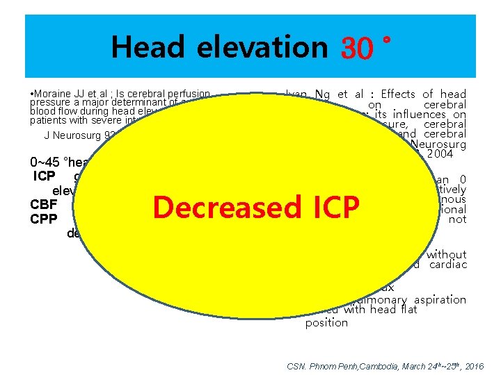 Head elevation 30 ˚ • Moraine JJ et al ; Is cerebral perfusion pressure