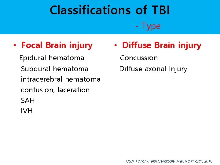 Classifications of TBI - Type • Focal Brain injury Epidural hematoma Subdural hematoma intracerebral