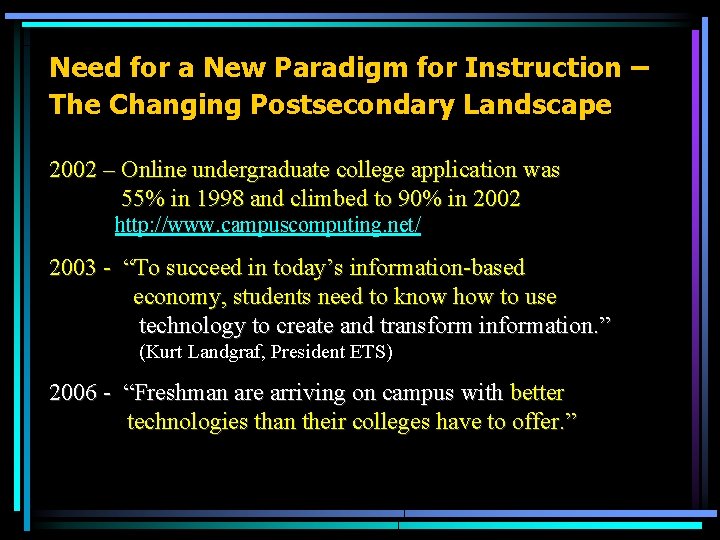 Need for a New Paradigm for Instruction – The Changing Postsecondary Landscape 2002 –