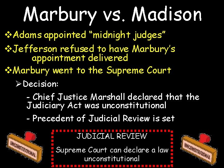 Marbury vs. Madison v. Adams appointed “midnight judges” v. Jefferson refused to have Marbury’s