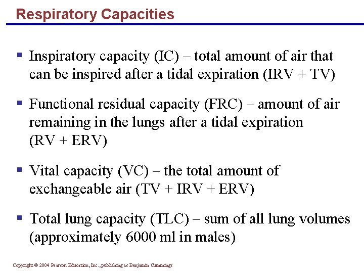 Respiratory Capacities § Inspiratory capacity (IC) – total amount of air that can be