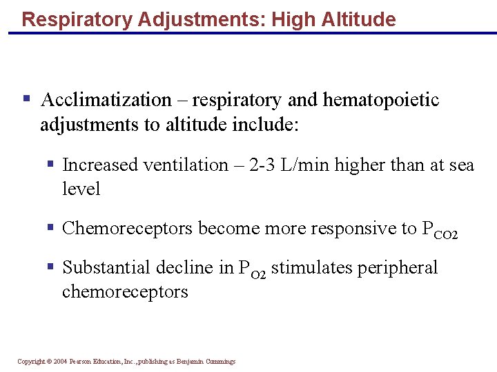 Respiratory Adjustments: High Altitude § Acclimatization – respiratory and hematopoietic adjustments to altitude include: