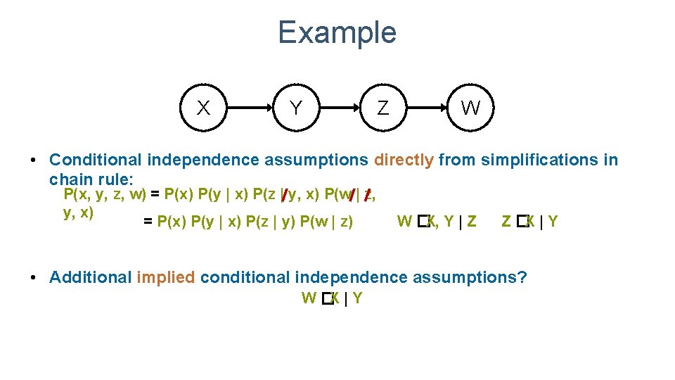 Example X Y Z W • Conditional independence assumptions directly from simplifications in chain