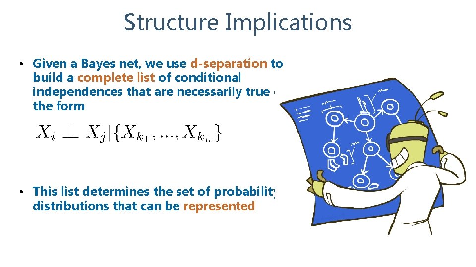 Structure Implications • Given a Bayes net, we use d-separation to build a complete