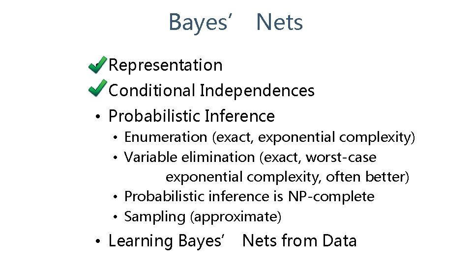 Bayes’ Nets • Representation • Conditional Independences • Probabilistic Inference • Enumeration (exact, exponential
