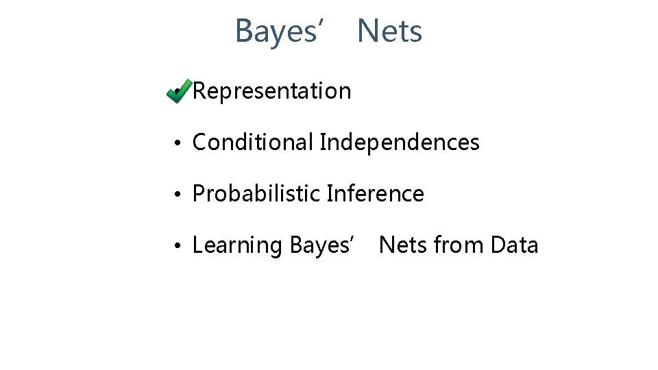Bayes’ Nets • Representation • Conditional Independences • Probabilistic Inference • Learning Bayes’ Nets
