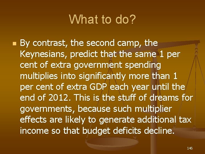What to do? n By contrast, the second camp, the Keynesians, predict that the