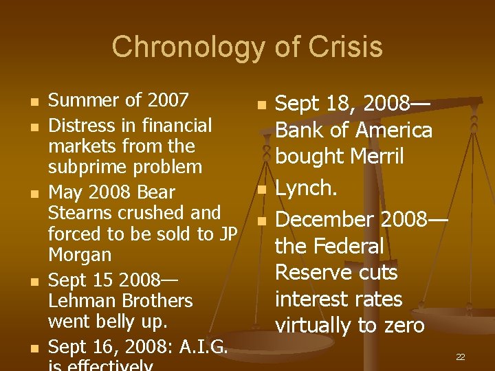 Chronology of Crisis n n n Summer of 2007 Distress in financial markets from