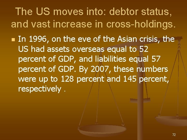 The US moves into: debtor status, and vast increase in cross-holdings. n In 1996,