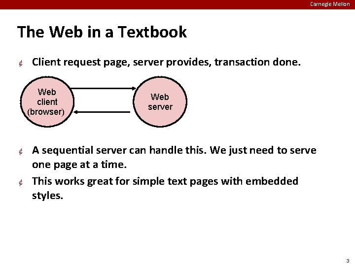 Carnegie Mellon The Web in a Textbook ¢ Client request page, server provides, transaction