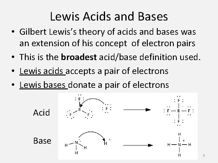 Lewis Acids and Bases • Gilbert Lewis’s theory of acids and bases was an