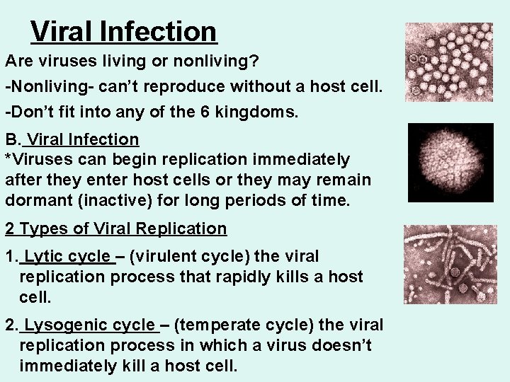 Viral Infection Are viruses living or nonliving? -Nonliving- can’t reproduce without a host cell.