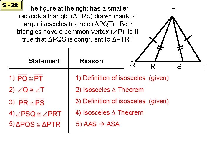 S -38 The figure at the right has a smaller isosceles triangle (ΔPRS) drawn