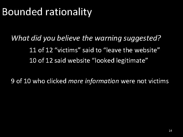 Bounded rationality What did you believe the warning suggested? 11 of 12 “victims” said