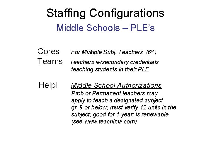 Staffing Configurations Middle Schools – PLE’s Cores Teams Help! For Multiple Subj. Teachers (6