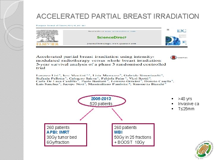 ACCELERATED PARTIAL BREAST IRRADIATION § § § 2005 -2013 520 patients 260 patients APBI: