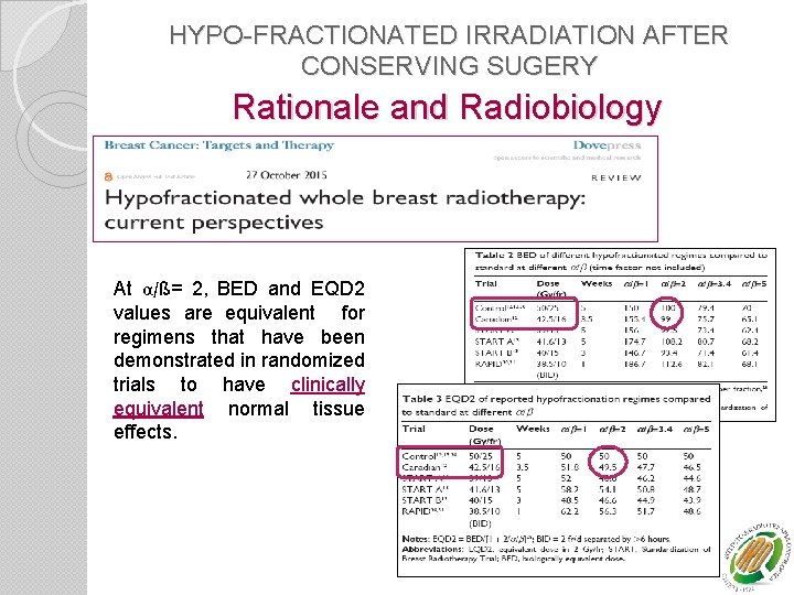 HYPO-FRACTIONATED IRRADIATION AFTER CONSERVING SUGERY Rationale and Radiobiology At α/ß= 2, BED and EQD
