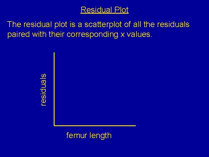 Residual Plot residuals The residual plot is a scatterplot of all the residuals paired