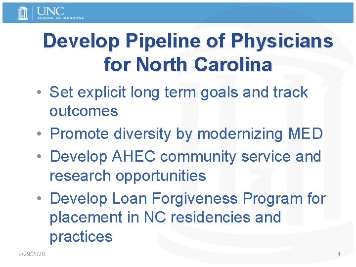 Develop Pipeline of Physicians for North Carolina • Set explicit long term goals and