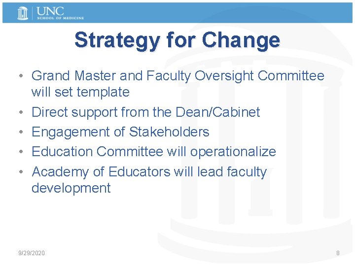 Strategy for Change • Grand Master and Faculty Oversight Committee will set template •
