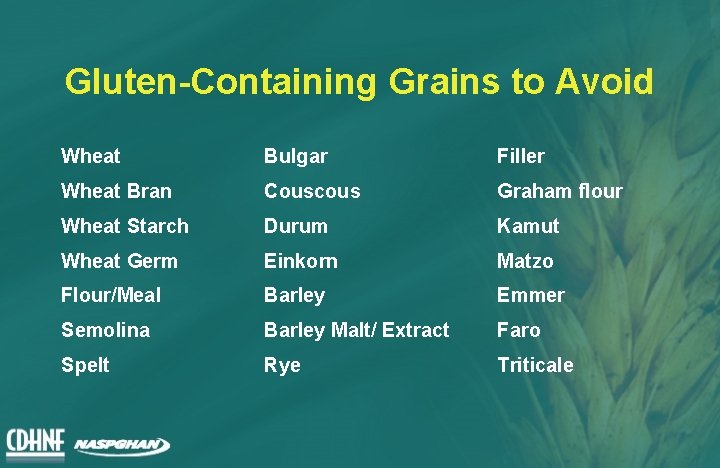 Gluten-Containing Grains to Avoid Wheat Bulgar Filler Wheat Bran Couscous Graham flour Wheat Starch
