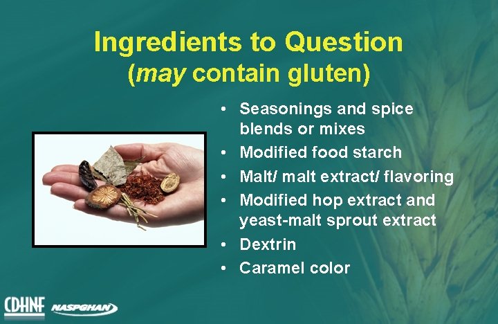 Ingredients to Question (may contain gluten) • Seasonings and spice blends or mixes •