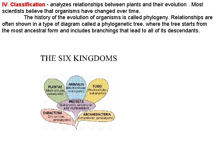 IV. Classification - analyzes relationships between plants and their evolution. Most scientists believe that